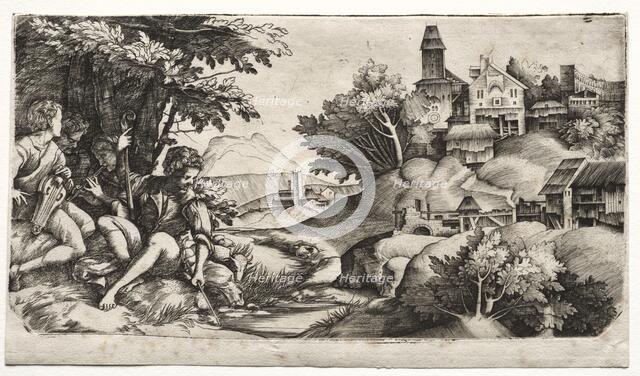 Shepherds in a Landscape, c. 1517. Creator: Giulio Campagnola (Italian, 1482-1515); Domenico Campagnola (Italian, 1500-1564), and.