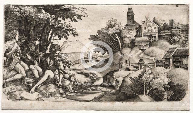 Shepherds in a Landscape, c. 1517. Creator: Giulio Campagnola (Italian, 1482-1515); Domenico Campagnola (Italian, 1500-1564), and.