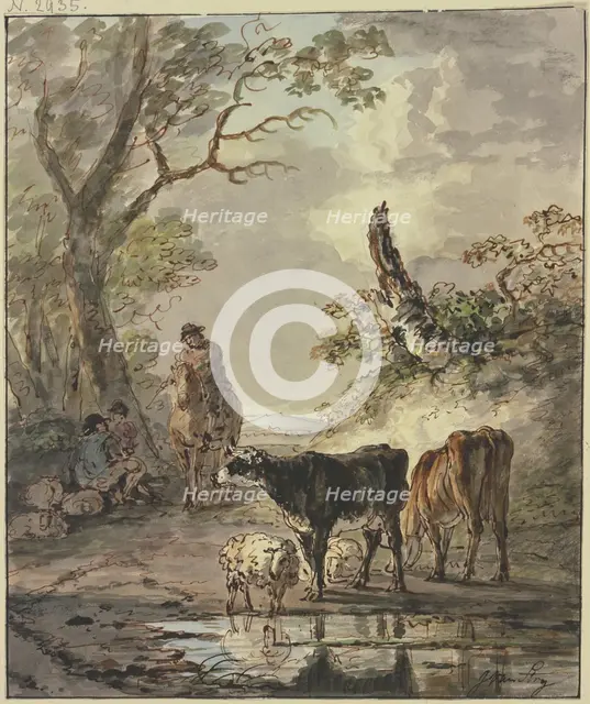 Shepherds resting at a watering place, 18th century. Creator: Jacob van Strij.