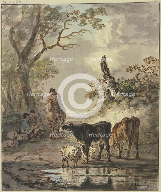 Shepherds resting at a watering place, 18th century. Creator: Jacob van Strij.