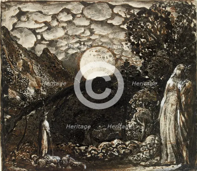Shepherds under a Full Moon, c1829-1830. Artist: Samuel Palmer.