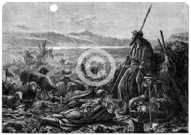 Shepherds watching their flocks by night, drawn by W. J. Webb, 1872. Creator: William Hollidge.