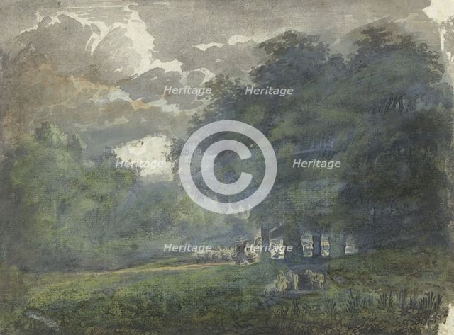 Shepherds with herd in a wooded landscape, 1706-1759. Creator: Jacob van Liender.