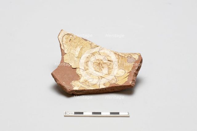 sherd, red body, white slip, yellow glaze, Mamluk period, 1250-1516. Creator: Unknown.