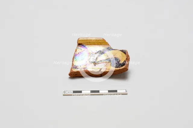 sherd, red body, white slip, yellow glaze with brown stain, Mamluk period, 1250-1516. Creator: Unknown.