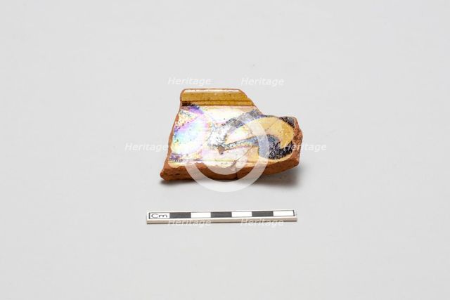 sherd, red body, white slip, yellow glaze with brown stain, Mamluk period, 1250-1516. Creator: Unknown.