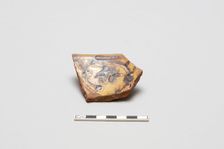 sherd, red body, white slip, yellow glaze with brown stain, Mamluk period, 1250-1516. Creator: Unknown