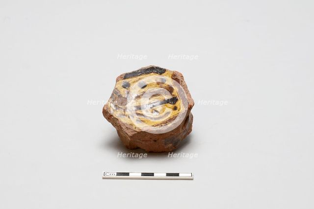 sherd, red body, white slip, yellow glaze with brown stain, Mamluk period, 1250-1516. Creator: Unknown.