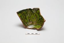 sherd, red body, white slip, green glaze, Mamluk period, 1250-1516. Creator: Unknown