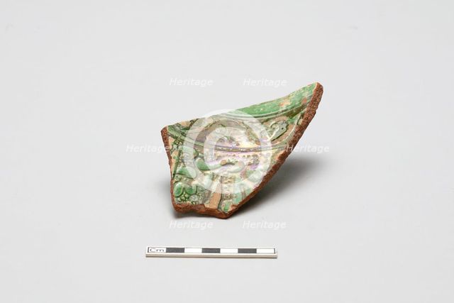 sherd, red body, white slip, green glaze, Mamluk period, 1250-1516. Creator: Unknown.