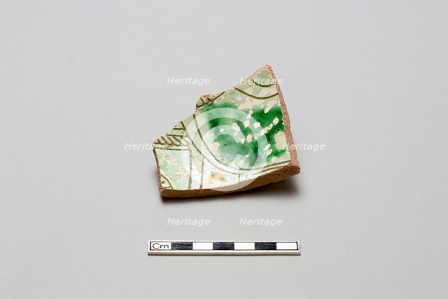 sherd, red body, white slip, green glaze, Mamluk period, 1250-1516. Creator: Unknown.