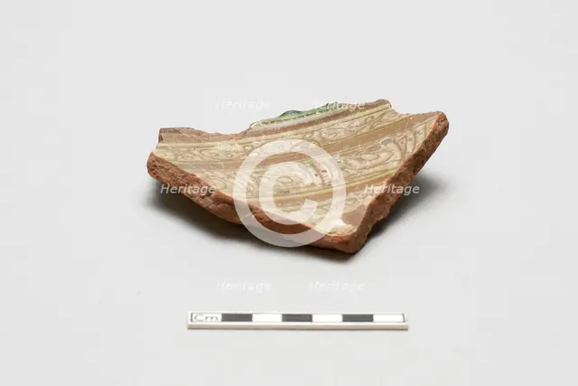 Sherd, red body, white slip, green glaze, Mamluk period, 1250-1517. Creator: Unknown.