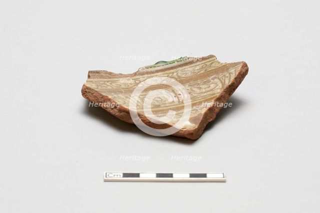 Sherd, red body, white slip, green glaze, Mamluk period, 1250-1517. Creator: Unknown.