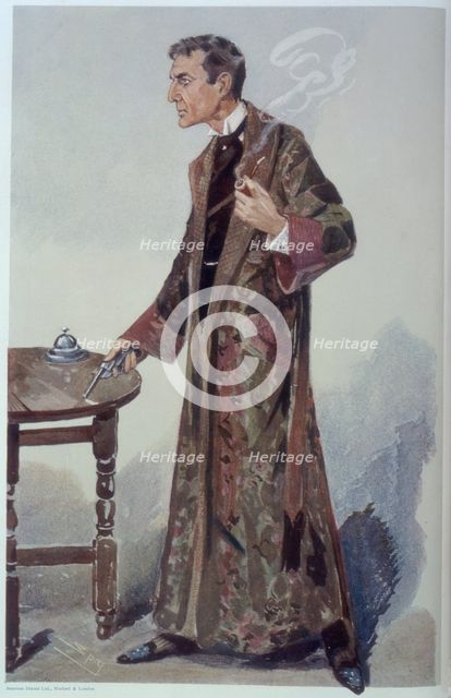 Sherlock Holmes holding a pipe and revolver, late 19th-early 20th century. Creator: Sir Leslie Matthew Ward.