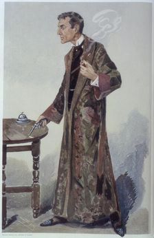 Sherlock Holmes holding a pipe and revolver, late 19th-early 20th century. Creator: Sir Leslie Matthew Ward