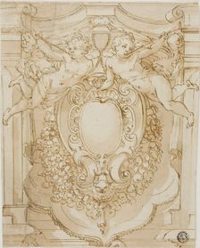 Shield of Cardinal with Two Trumpeting Putti, n.d. Creator: Unknown