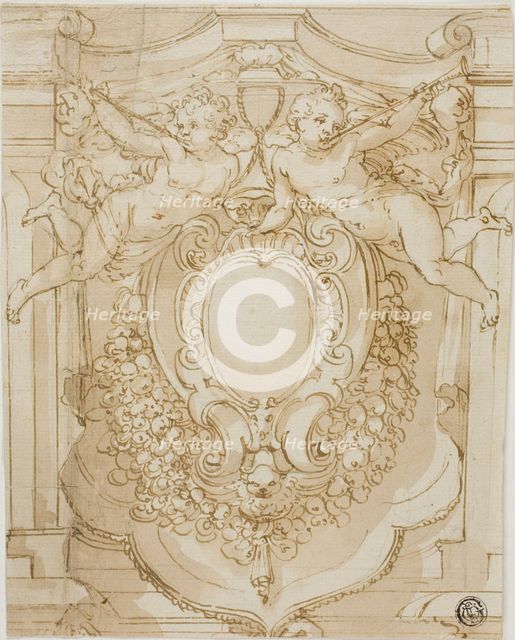 Shield of Cardinal with Two Trumpeting Putti, n.d. Creator: Unknown.