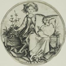 Shield with a Unicorn, Held by a Lady, 1480/90. Creator: Martin Schongauer