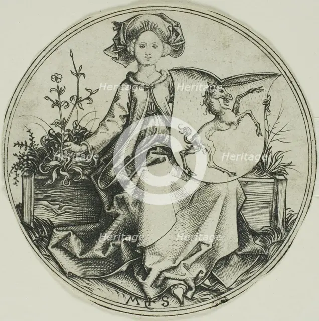 Shield with a Unicorn, Held by a Lady, 1480/90. Creator: Martin Schongauer.