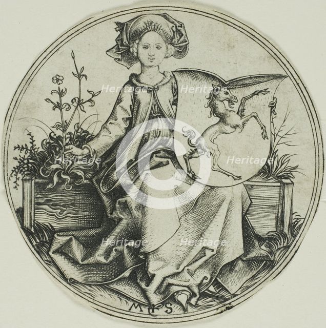 Shield with a Unicorn, Held by a Lady, 1480/90. Creator: Martin Schongauer.