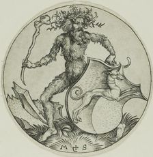 Shield with a Greyhound, Held by a Wild Man, 1469/82. Creator: Martin Schongauer