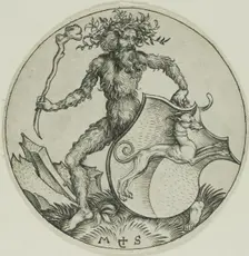 Shield with a Greyhound, Held by a Wild Man, 1469/82. Creator: Martin Schongauer