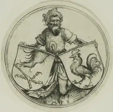 Shield with a Griffin's Foot and Shield with a Cock Held by a Moor, c. 1480. Creator: Martin Schongauer