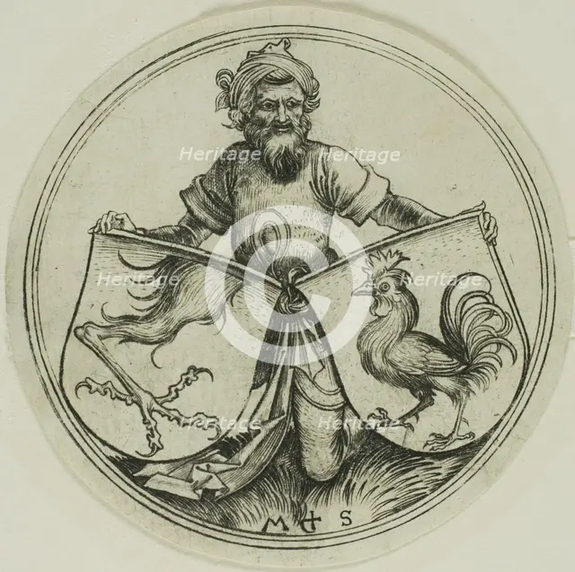 Shield with a Griffin's Foot and Shield with a Cock Held by a Moor, c. 1480. Creator: Martin Schongauer.