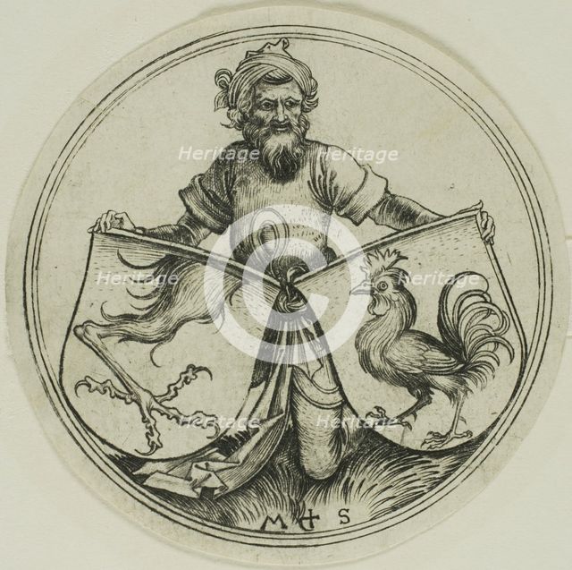 Shield with a Griffin's Foot and Shield with a Cock Held by a Moor, c. 1480. Creator: Martin Schongauer.