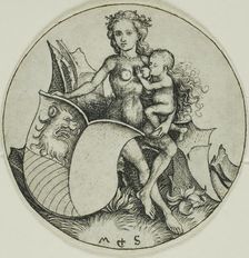 Shield with a Lion's Head, Held by a Wild Woman, 1480/90. Creator: Martin Schongauer
