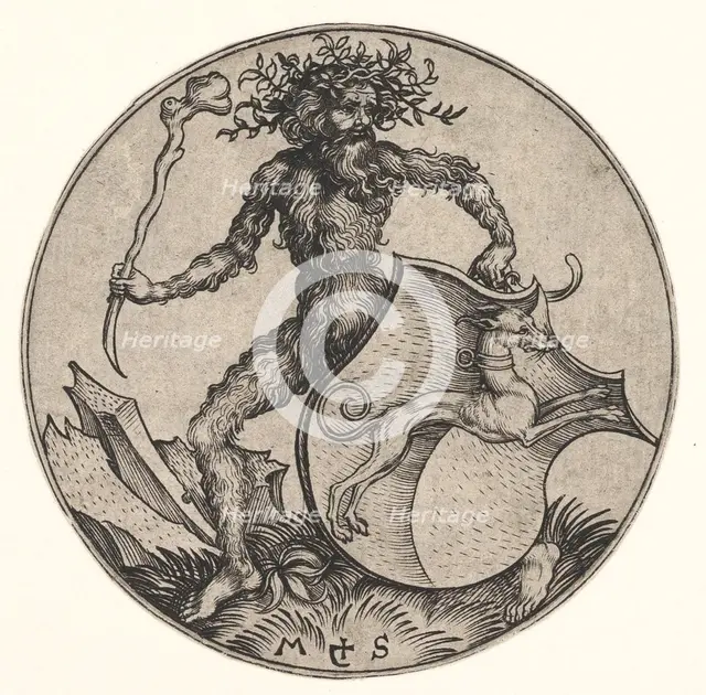 Shield with Greyhound Held by Wild Man, ca. 1435-1491. Creator: Martin Schongauer.