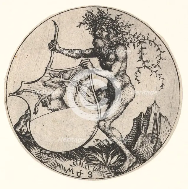 Shield with Stag Held by Wild Man, ca. 1435-1491. Creator: Martin Schongauer.