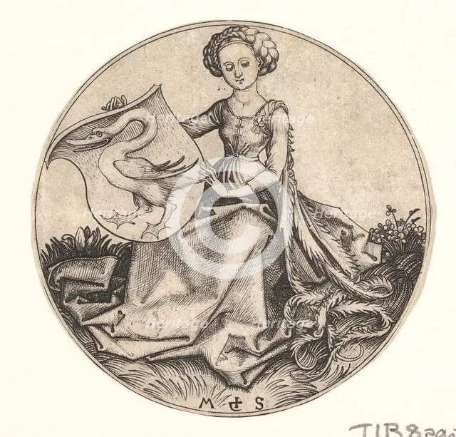 Shield with Swan Held by Woman, ca. 1435-1491. Creator: Martin Schongauer.