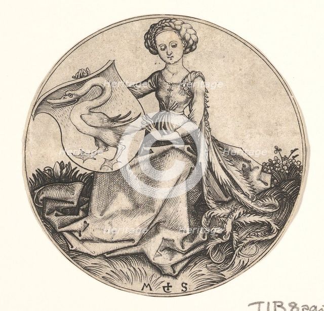 Shield with Swan Held by Woman, ca. 1435-1491. Creator: Martin Schongauer.