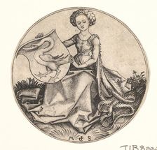 Shield with Swan Held by Woman, ca. 1435-1491. Creator: Martin Schongauer