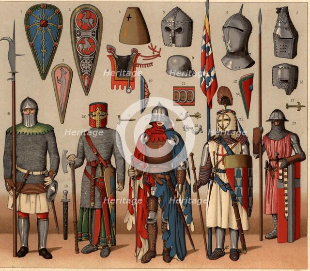 Shields, helmets, coats and armors from French knights.
