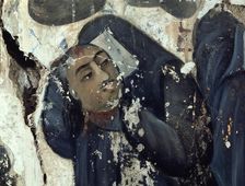 Shiite woman with veil crying by her martyred husband martyred, wall paintings, 17th century