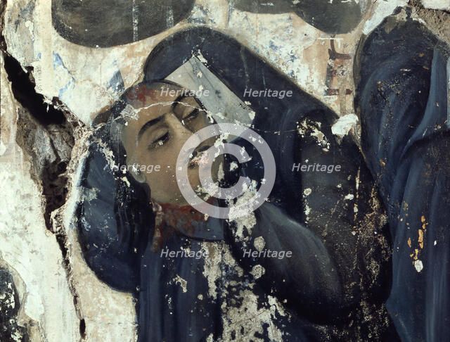 Shiite woman with veil crying by her martyred husband martyred, wall paintings, 17th century.