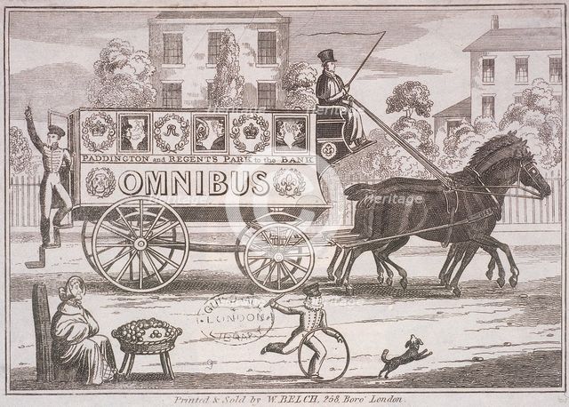 Shillibeer's first omnibus drawn by three horses, London, c1830. Artist: Anon