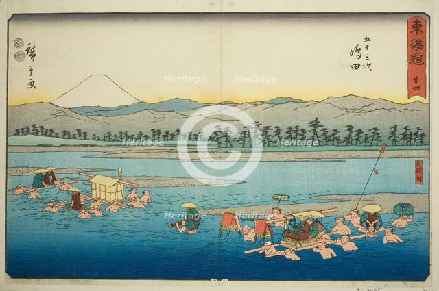 Shimada: The Oi River (Shimada, Oigawa)—No. 24, from the series "Fifty-three Station..., c. 1847/52. Creator: Ando Hiroshige.