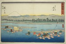 Shimada: The Oi River (Shimada, Oigawa)—No. 24, from the series "Fifty-three Station..., c. 1847/52. Creator: Ando Hiroshige