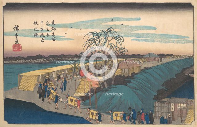 Shin Yoshiwara Nihon Tsutsumi Emonzaka Akatsuki, ca. 1835., ca. 1835. Creator: Ando Hiroshige.