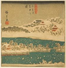 Shinobazu Pond in Falling Snow (Shinobazu ike setchu no zu), section of a sheet from the..., 1840s. Creator: Ando Hiroshige