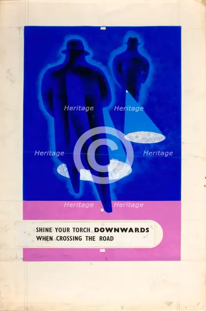 'Shine your torch downwards when crossing the road', WWII road safety poster, between 1939-1946. Creators: Central Office of Information, Tom Gentleman.