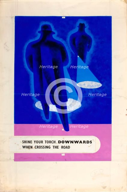 'Shine your torch downwards when crossing the road', WWII road safety poster, between 1939-1946. Creators: Central Office of Information, Tom Gentleman.