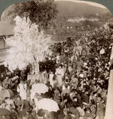 Shinto procession carrying sacred objects over a bridge to the Imperial Museum, Kyoto, Japan, 1904.Artist: Underwood & Underwood