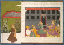Shispul Arguing with Rukmini's Father, Bhishmaka, page from a Rukmini Mangal series, c. 1800. Creator: Mola Ram (Indian), possibly by