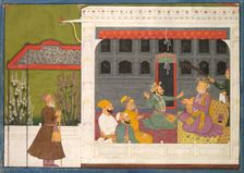 Shispul Arguing with Rukmini's Father, Bhishmaka, page from a Rukmini Mangal series, c. 1800. Creator: Mola Ram (Indian), possibly by