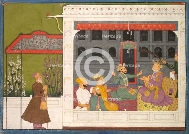 Shispul Arguing with Rukmini's Father, Bhishmaka, page from a Rukmini Mangal series, c. 1800. Creator: Mola Ram (Indian), possibly by.