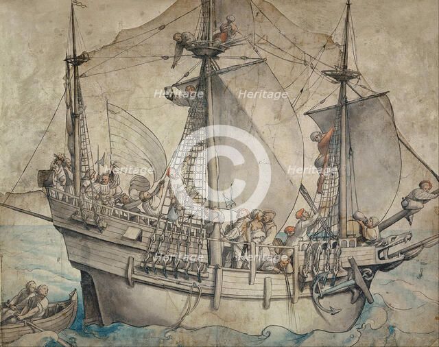 Ship with Revelling Sailors, Lansquenets and a Sutleress. Artist: Holbein, Hans, the Younger (1497-1543)